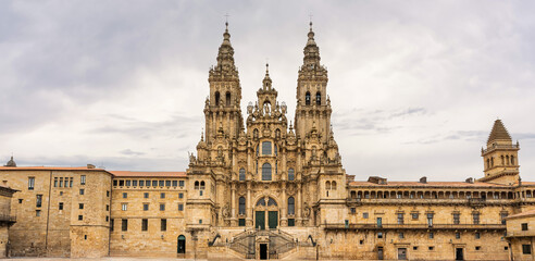 Great panoramic view of the cathedral of Santiago de Compostela, place of perigrination, World...