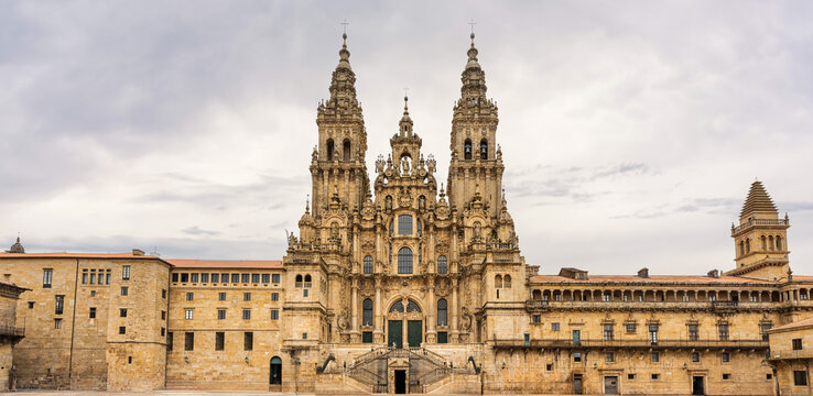 Great panoramic view of the cathedral of Santiago de Compostela, place of perigrination, World Heritage Site, Galicia.