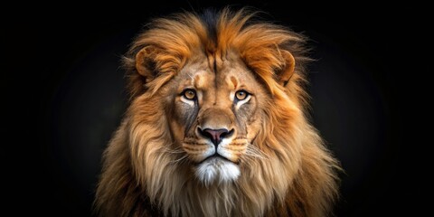 Fototapeta premium Lion's Gaze Close-up Portrait with a Black Background, wildlife, portrait, lion