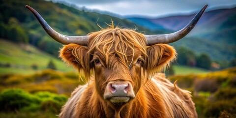 Highland Cow Portrait with Majestic Mountain View, Scotland, Nature, Photography