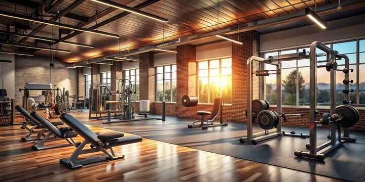 Gym Interior Sunlit Workout Space with Modern Equipment, 3D Render, Brick Wall, Floor Mat, Gym Equipment, Fitness, Workout