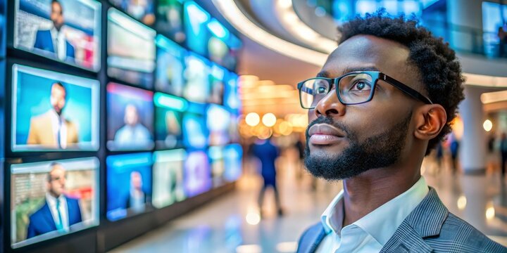 Man in Glasses Looking Up at Screens, Portrait, Close-up, Digital Signage, Technology, Media, Information