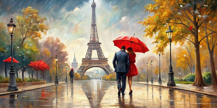 Parisian Romance Under the Eiffel Tower A Couple Shares a Red Umbrella in a Rain-Kissed Autumn, Oil Painting, Paris, Eiffel Tower, Love