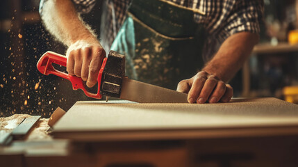 
A male carpenter is intensely focused on cutting mdf board using advanced power tools. The workspace is filled with wooden materials, demonstrating the complexity of the craft.