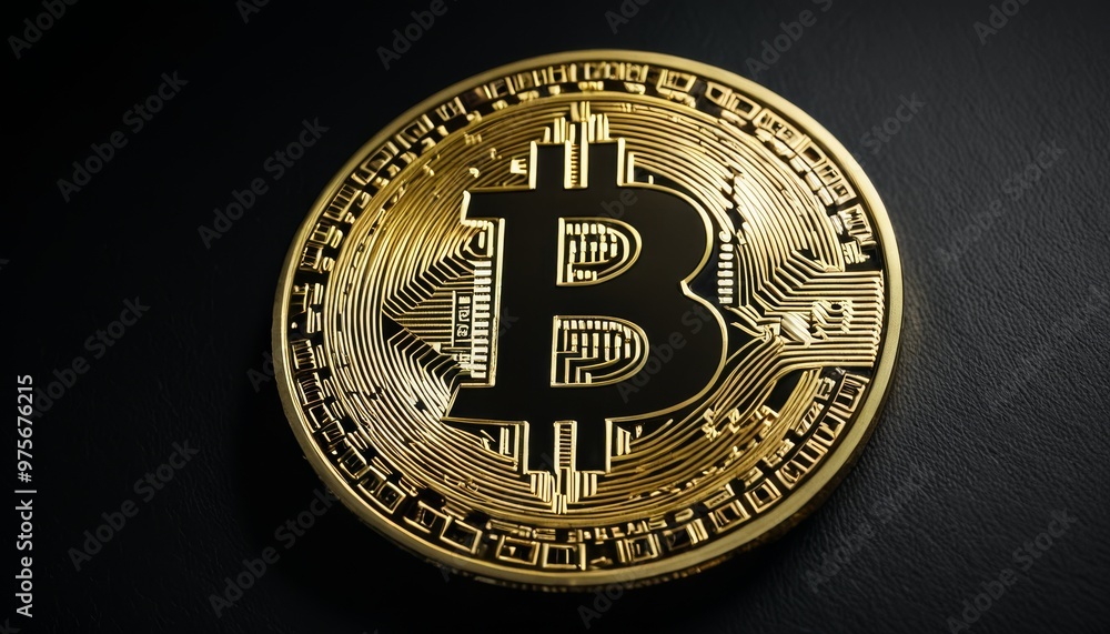 Poster a close-up image of a detailed bitcoin symbol resting on a sleek dark surface, emphasizing the preci