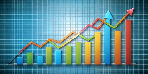 Fototapeta premium Upward Trend Bar Chart on Blue Grid, Business Growth, Financial Success, Economic Development