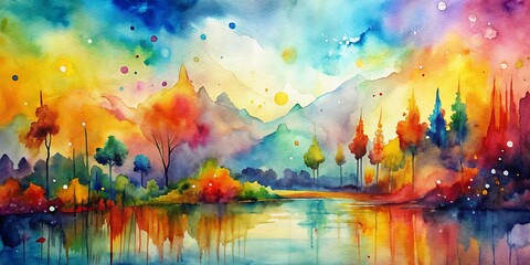 Watercolor Landscape with Reflection of Colorful Trees and Sky, watercolor painting, abstract art, nature art, reflection, landscape art, watercolor
