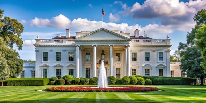 The White House, A Majestic View with Columns and Fountain, Architectural Beauty, Presidential Residence, American History, White House, Presidential