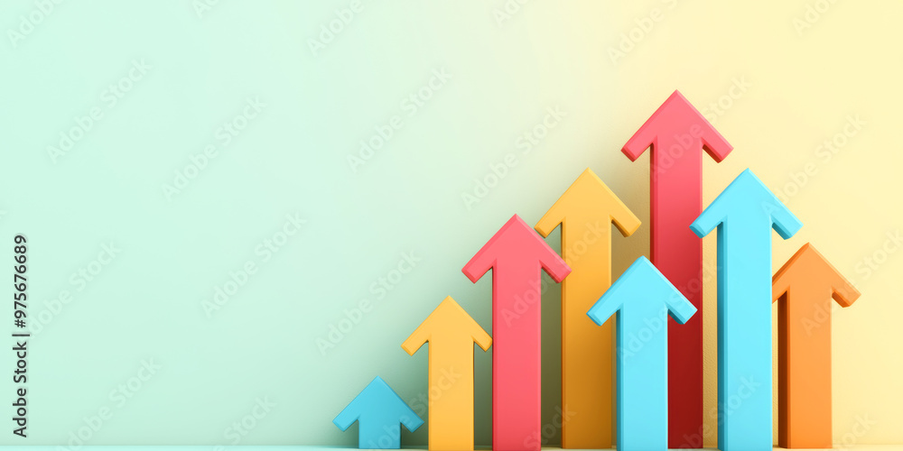Poster rising arrows symbolize growth and progress in vibrant color scheme