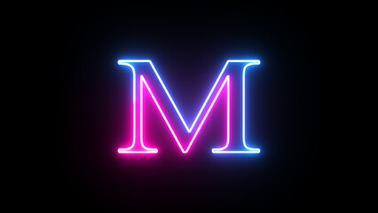 Glowing neon capital letter alphabet M. Purple and blue neon font letter "M" on black background. Educational concept