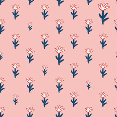 Flowers seamless pattern. Simple floral repeat background. Stylized wildflower surface pattern design. Vector hand drawn flat illustration.