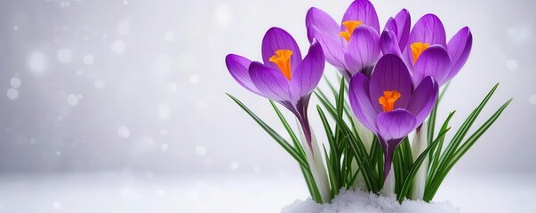 Detail shot of crocus flowers pushing through snow, capturing the promise of spring in the final...