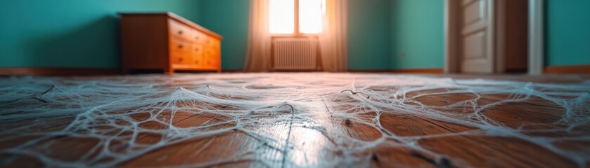 Eerie Cobwebs Draped Across Furniture in a Haunted Room, Detailed Texture and Eerie Lighting, Spooky, Creepy, Abandoned, Horror, Scary, Haunted House, Ghostly, Mystery, Darkness, Spooky Decor