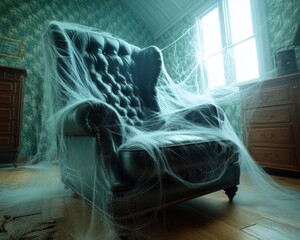 Eerie Cobwebs Drape Antique Furniture in a Haunted Room, Creating a Spooky and Atmospheric Setting, Perfect for Halloween Decor or Gothic Photography