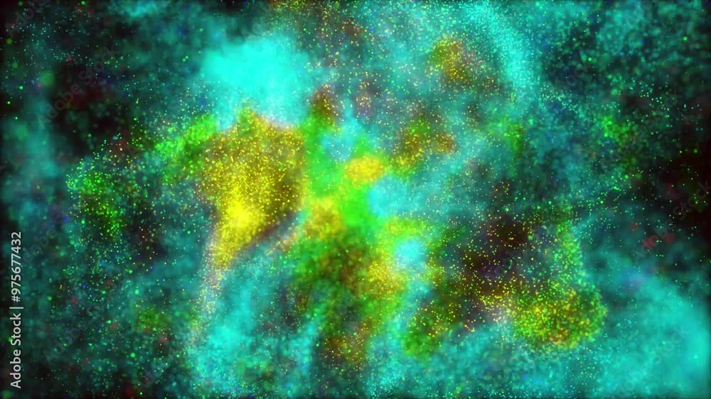 Poster multi-colored fluid particle movement background. abstract flying particles background