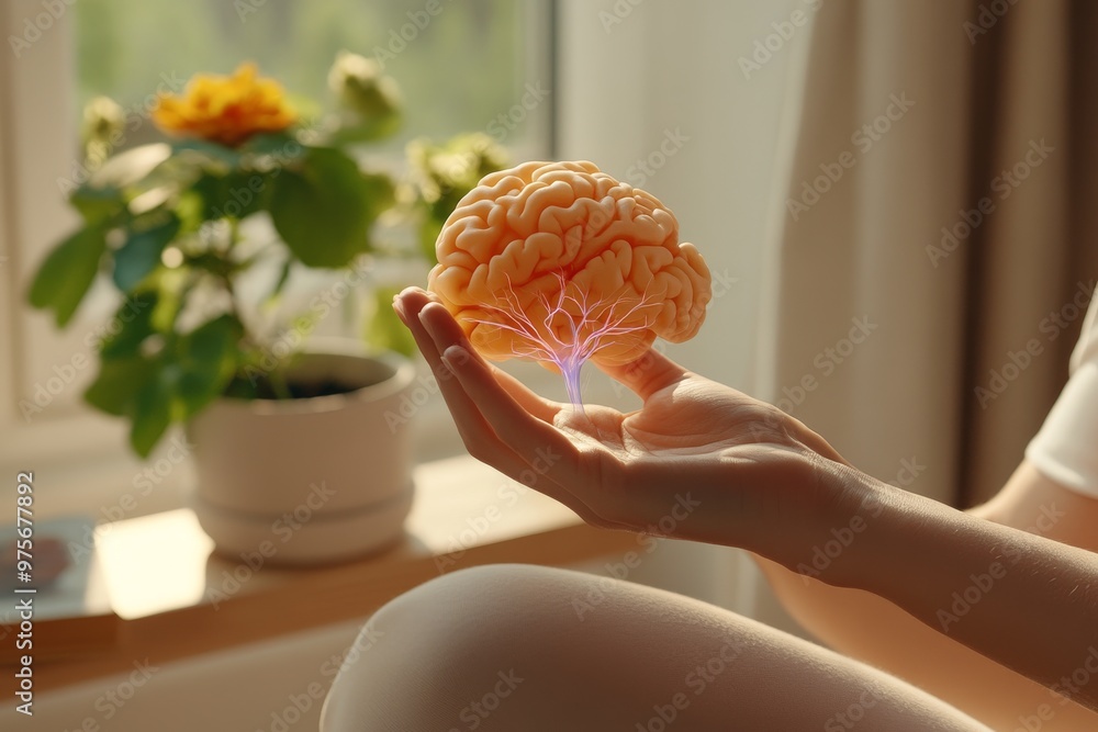 Aufkleber hand holding a brain with glowing neural connections symbolizing the intersection of human intellect