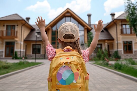 Happy First Day of School Parents Waving Goodbye as Child Enters with Colorful Backpack, A Moment of Joy and Excitement for Students, Parents, and Teachers Alike
