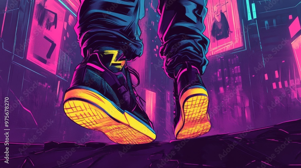 Wall mural Close-up of sneakers with a glowing neon city in the background.