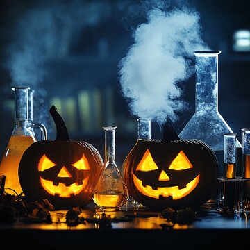A spooky lab filled with jack-o'-lanterns and bubbling beakers, Halloween theme, science nerds, eerie atmosphere, isolated on white background