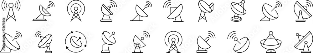 Poster bundle of line icons of satellite dish. editable stroke. minimalistic linear pictogram for design of