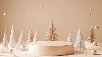 Beige round podium with Christmas balls and Christmas trees