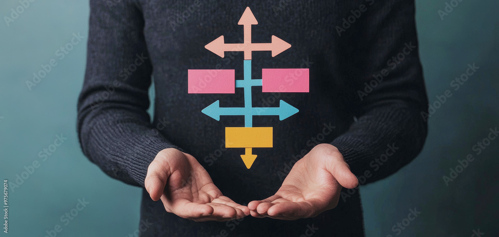 Aufkleber hand holding flowchart with arrows and management concepts, showcasing decision making