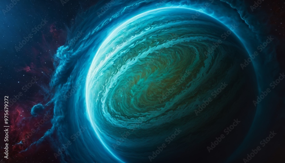 Poster a mesmerizing image of a mystical blue planet with a swirling atmosphere, set against the backdrop o