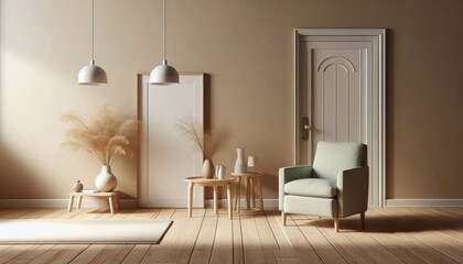 an interior design scene with minimalist style, a beige wall with white wooden door, a light green armchair on wooden floor, a wooden side table with vase and dried branches, pendant lamps hanging fro
