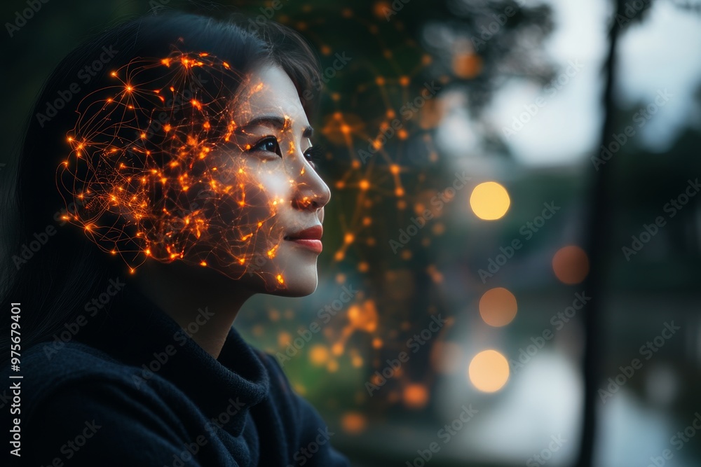 Poster profile of a woman with golden particles floating around her symbolizing intelligence digital connec