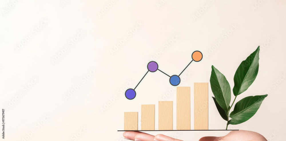 Poster hand holding graph with management strategies showing growth and progress