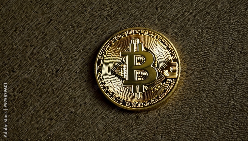Poster a close-up of a bitcoin coin placed on a textured, dark surface. the detailed image showcases the in