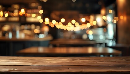 Rustic elegance of blurred wooden table and counter with enchanting bokeh lights, ideal for product displays or evoking a warm vintage ambiance in restaurants and cafes