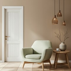 an interior design scene with minimalist style, a beige wall with white wooden door, a light green armchair on wooden floor, a wooden side table with vase and dried branches, pendant lamps hanging fro