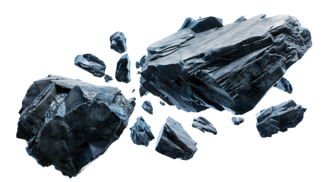 Abstract image of dark rocks floating against a white background, creating a dramatic visual effect.