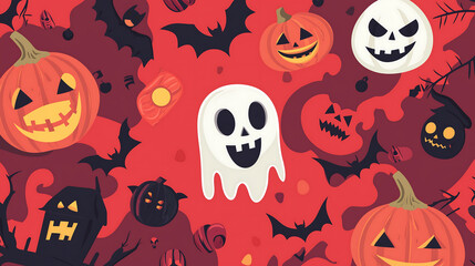 Vector illustration of a cute cartoon ghost pumpkins and bats on a red background with Halloween elements