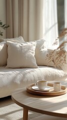 Cozy living room corner with neutral sofa, natural light, and serene decor during afternoon hours