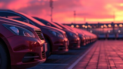Fototapeta premium Several cars are neatly parked in a parking lot during sunset hours