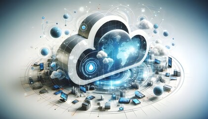 Abstract digital concept of cloud computing with connected devices, in a futuristic style against a white background. 3D Rendering