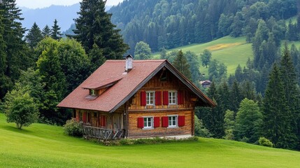 Obraz premium A traditional Swiss chalet with a red roof and shutters.