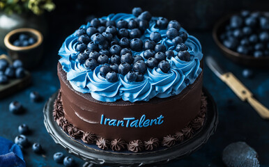 Happy birthday chocolate cake adorned with blue frosting and fresh blueberries