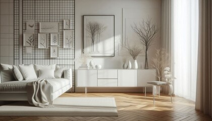 A modern minimalist living room interior, a white lacquered sideboard with geometrically arranged framed artworks placed on top, parquet herringbone hardwood flooring, a white armchair, gray accent wa