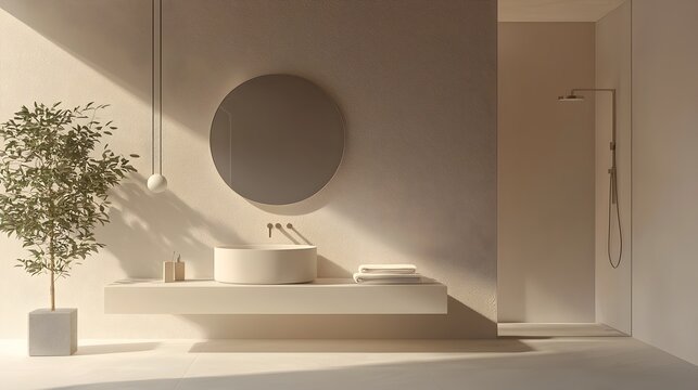 Serene Minimalist Bathroom with Circular Mirror and Built in Vanity
