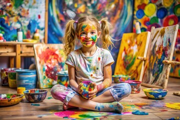 Joyful Child Painting in Colorful Art Studio with Creative Expressions
