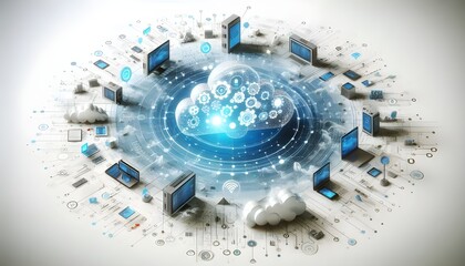 Fototapeta premium Abstract digital concept of cloud computing with connected devices, in a futuristic style against a white background. 3D Rendering