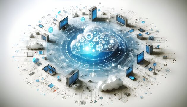 Abstract digital concept of cloud computing with connected devices, in a futuristic style against a white background. 3D Rendering