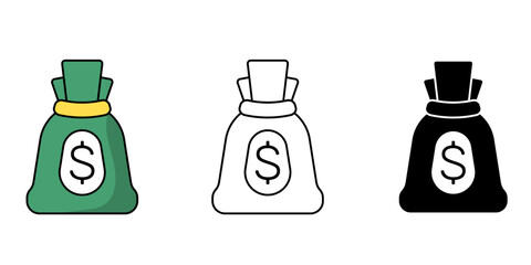 Money bag icons set. Dollar sack colorful symbol isolated background. silhouette icon, vector illustration.