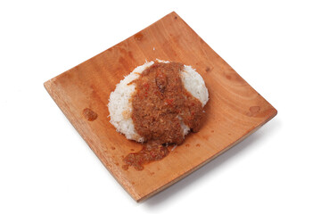 Ketan Kelapa Parut, Indonesian traditional snack, made from steamed glutinous rice and served with grated coconut and peanut sauce