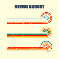 Grunge horizontal vintage sunsets. Various colorful striped sunrise badges in 80s and 90s style. Sun and ocean view, summer vibes, surfing. Design element, print, logo or t-shirt. Vector illustration