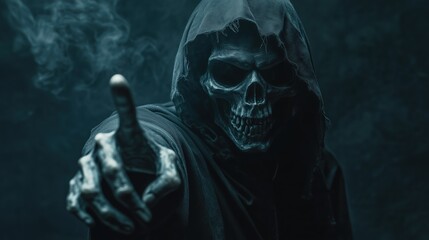 The grim reaper reaching towards the camera over black background