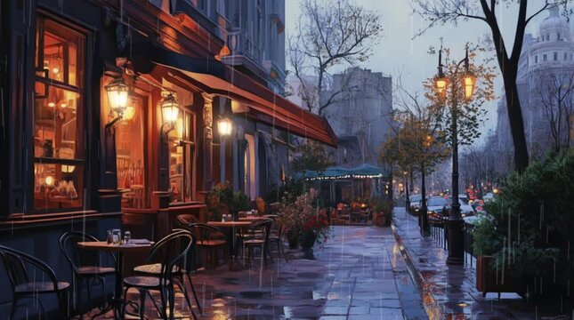 Cozy glowing caf&eacute; illuminated on a rainy city evening, with reflections of city lights in the wet streets creating a warm and inviti Seamless looping 4k time-lapse virtual video animation Generated AI